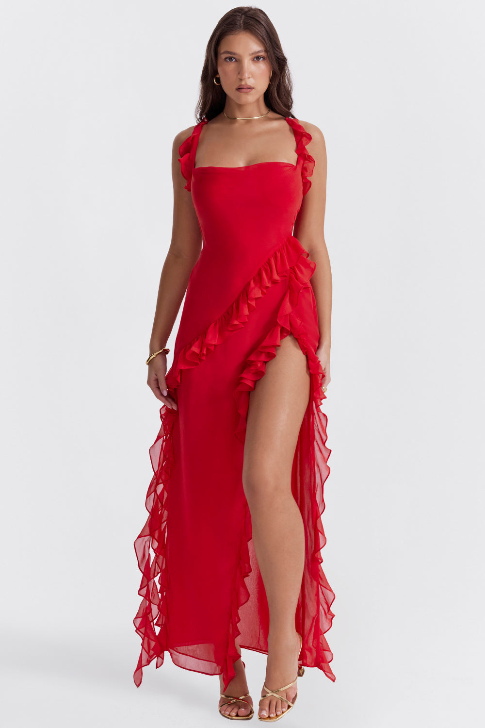 Damen Maxikleid – Elegante Passform – Verstellbare Träger – Rüschen – Hoher Schlitz