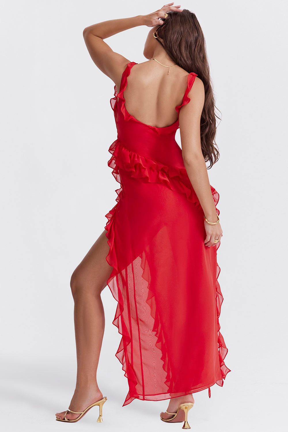 Damen Maxikleid – Elegante Passform – Verstellbare Träger – Rüschen – Hoher Schlitz