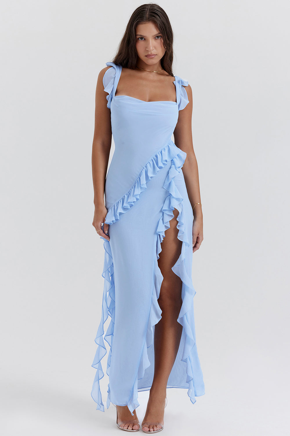 Damen Maxikleid – Elegante Passform – Verstellbare Träger – Rüschen – Hoher Schlitz