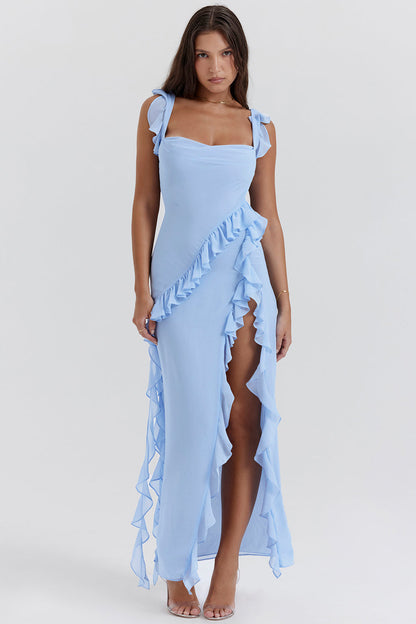 Damen Maxikleid – Elegante Passform – Verstellbare Träger – Rüschen – Hoher Schlitz