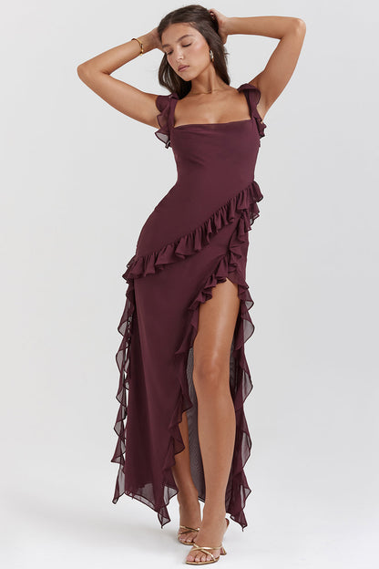 Damen Maxikleid – Elegante Passform – Verstellbare Träger – Rüschen – Hoher Schlitz
