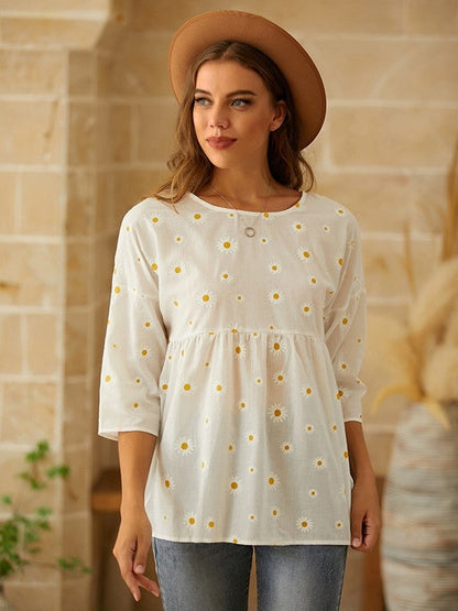 Damen T-Shirt – Lockerer Schnitt – Florales Muster – Atmungsaktive Naturfasern