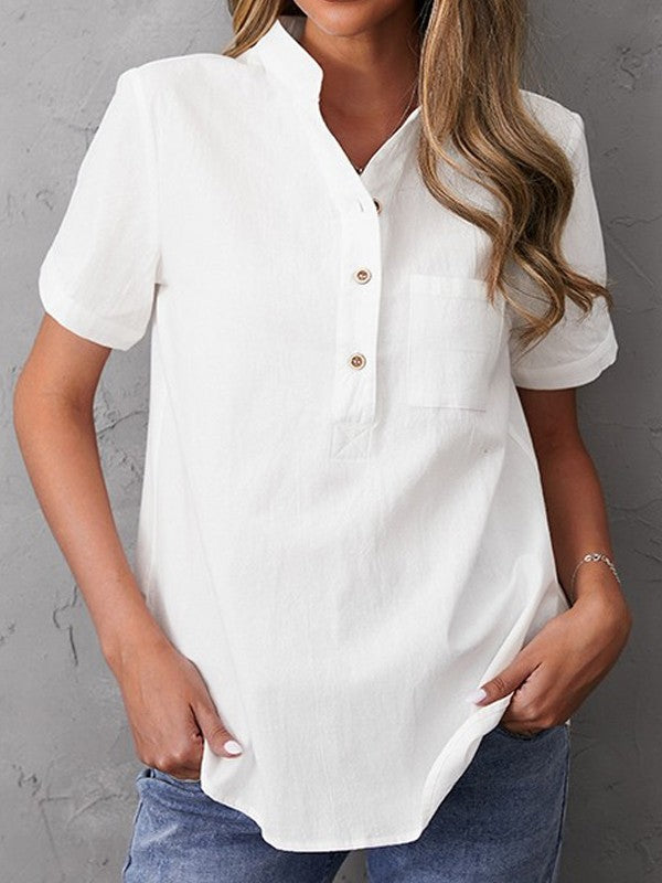 Damen Bluse – Lockerer Schnitt – Stehkragen – Kurzarm – Atmungsaktive Naturfasern
