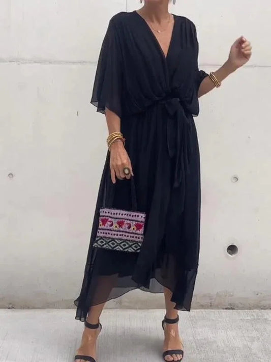 Damen Maxikleid – Luftiger Schnitt – Kimonoärmel – Verstellbare Taille – V-Ausschnitt