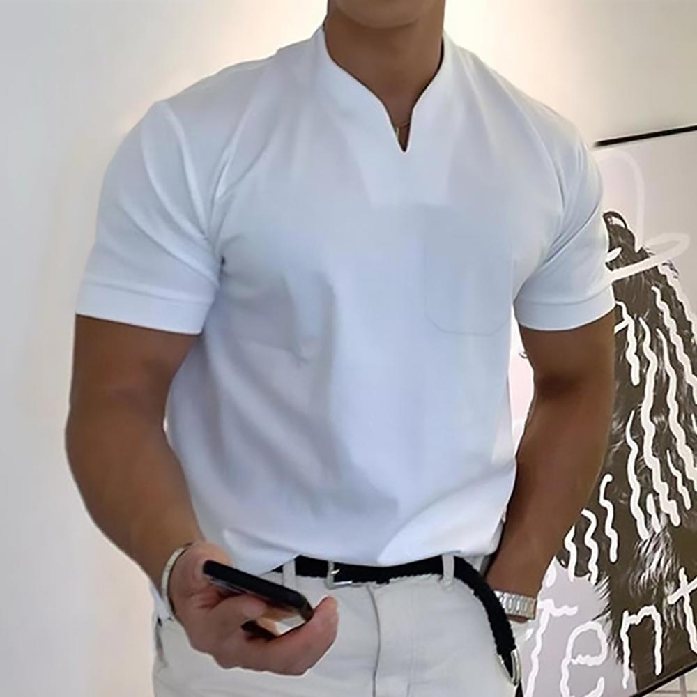 Herren Kurzarmhemd – Slim Fit – Atmungsaktives Gewebe – Stehkragen – V-Ausschnitt