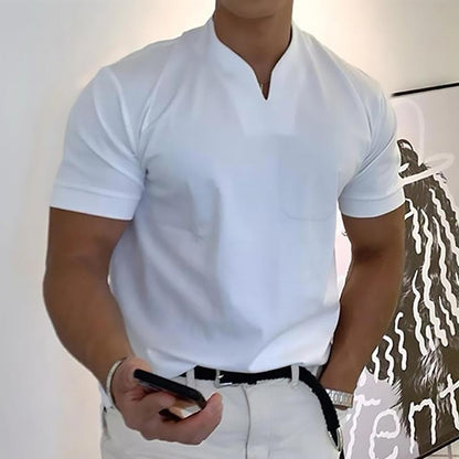 Herren Kurzarmhemd – Slim Fit – Atmungsaktives Gewebe – Stehkragen – V-Ausschnitt