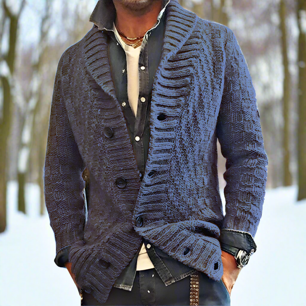 Herren Strickjacke – Weicher Strick – Lockerer Schnitt – Schalkragen – Knopfverschluss