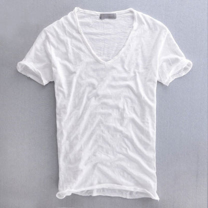 Herren T-Shirt – V-Ausschnitt – Natürliche Fasern – Weicher Strick – Standard Fit – Kurzarm