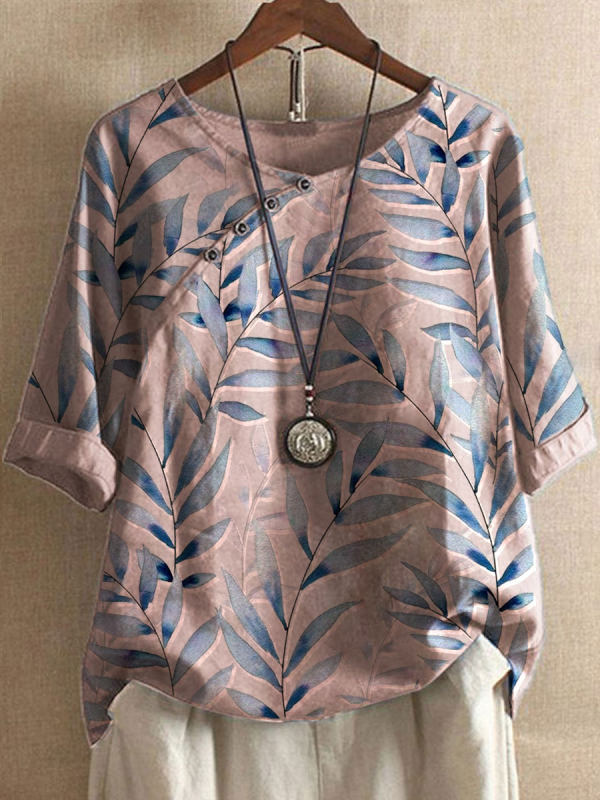Damen Bluse – Lockerer Schnitt – 3/4 Arm – Atmungsaktives Material – Asymmetrischer Knopfabschluss