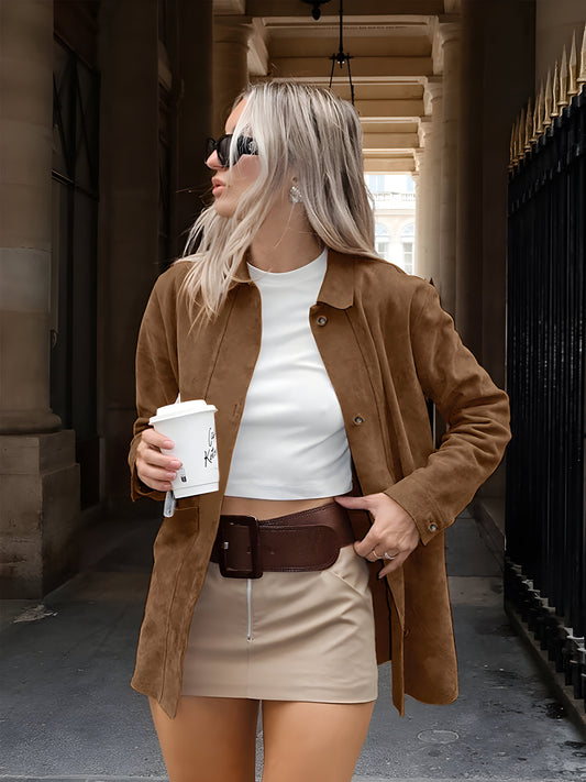 Damen Oversize Jacke – Relaxed Fit – Luxury Fabric – Knopfverschluss – Hüftlang