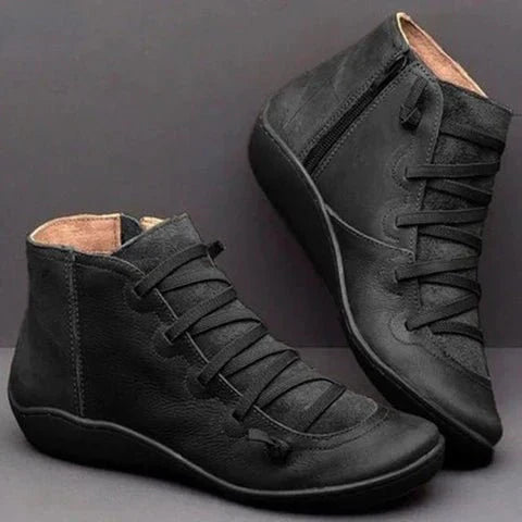 Damen Stiefeletten – Glänzendes Finish – Schnürung – Reißverschluss – Strukturiertes Design