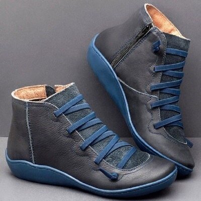 Damen Stiefeletten – Glänzendes Finish – Schnürung – Reißverschluss – Strukturiertes Design