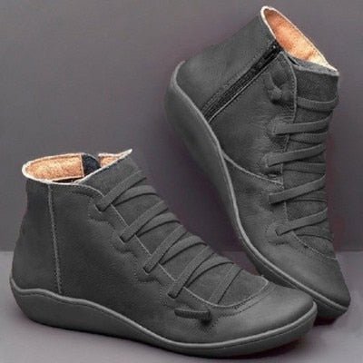 Damen Stiefeletten – Glänzendes Finish – Schnürung – Reißverschluss – Strukturiertes Design