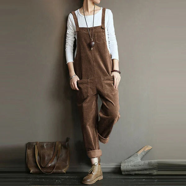 Damen Jumpsuit – Lockerer Schnitt – Cord-Optik – Verstellbare Träger – Langform