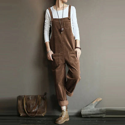 Damen Jumpsuit – Lockerer Schnitt – Cord-Optik – Verstellbare Träger – Langform