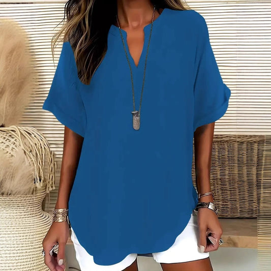 Damen Bluse – Lockerer Schnitt – V-Ausschnitt – Kurzarm – Natürliche Fasern