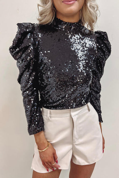Damen Top – Figurbetont – Pailletten – Puffärmel – Stehkragen – Elegant Festlich