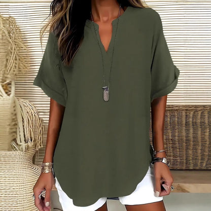 Damen Bluse – Lockerer Schnitt – V-Ausschnitt – Kurzarm – Natürliche Fasern