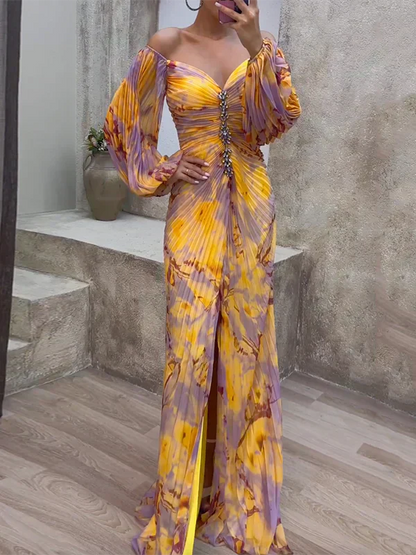 Damen Abendkleid – Off Shoulder – V-Ausschnitt – Ballonärmel – Eleganter Faltenwurf