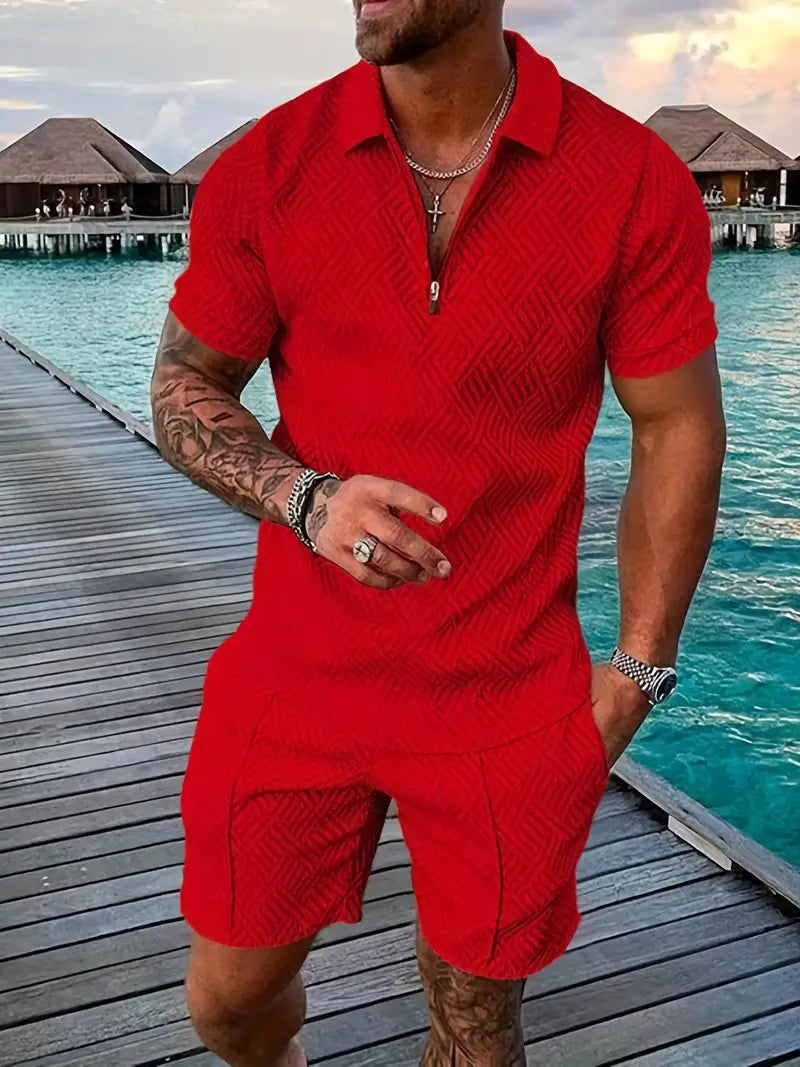 Herren Polo Set – Slim Fit – Atmungsaktives Gewebe – Reißverschlusskragen – Freizeitlook