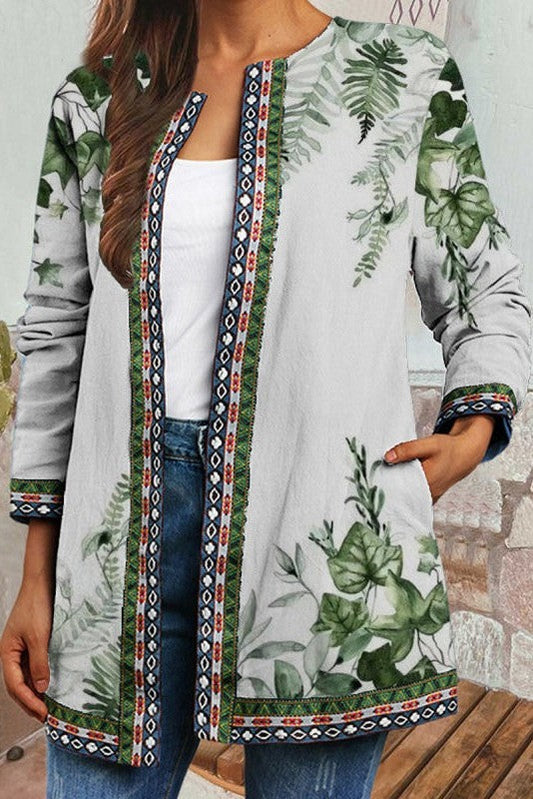 Damenjacke – Relaxed Fit – Atmungsaktives Material – Blattmuster – Lange Ärmel – Rundhals
