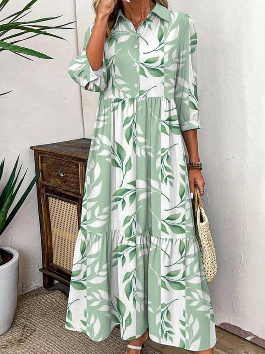 Damen Maxikleid – Lockere Passform – Knopfleiste – 3/4 Ärmel – Naturfasern