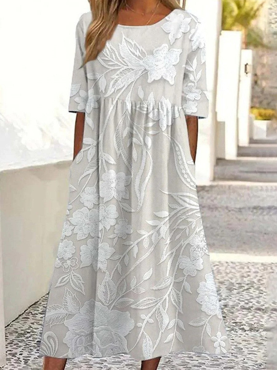 Damen A-Linienkleid – Florale Spitze – Kurzarm – Eleganter Schnitt – Midi-Länge