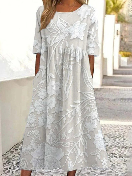 Damen A-Linienkleid – Florale Spitze – Kurzarm – Eleganter Schnitt – Midi-Länge
