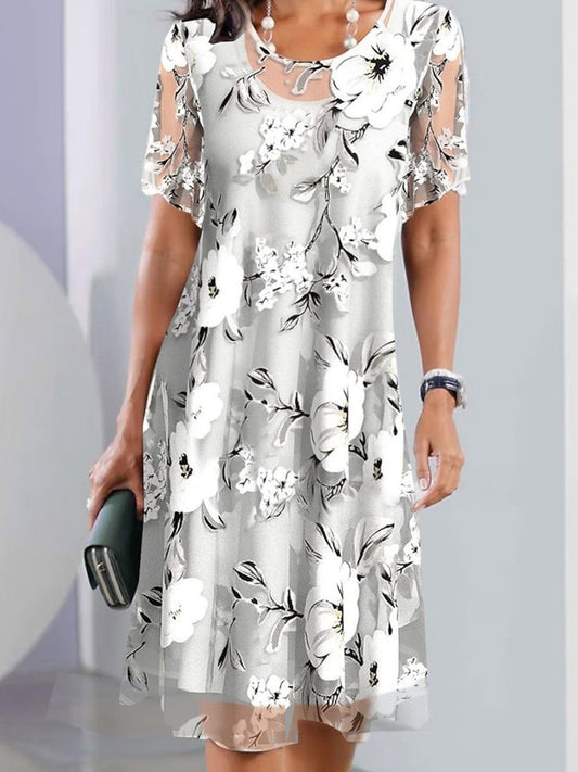 Damen Midikleid – Blumenmuster – Lockerer Schnitt – Kurzarm – Atmungsaktiver Stoff