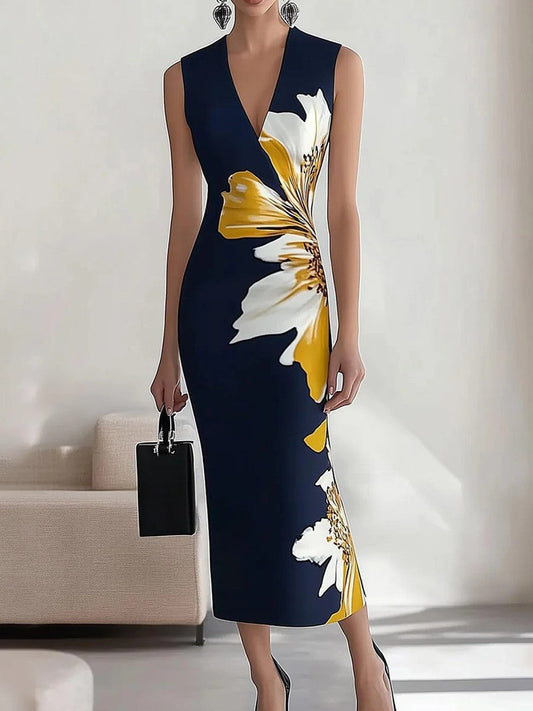 Damen Maxikleid – Schlanke Passform – Ärmellos – V-Ausschnitt – Blumenmuster – Luxusstoff