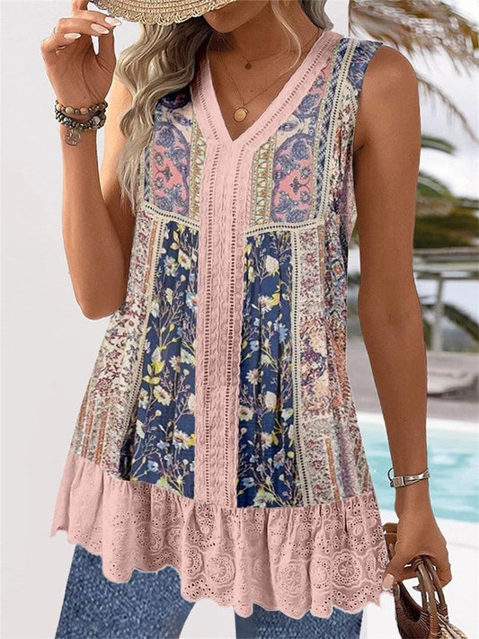 Damen ärmelloses Top – V-Ausschnitt – Relaxed Fit – Boho-Stickerei – Atmungsaktives Gewebe