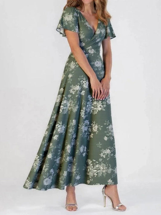 Damen Maxi Kleid – Wickelstil – V-Ausschnitt – Kurzarm – Luftiger Luxusstoff