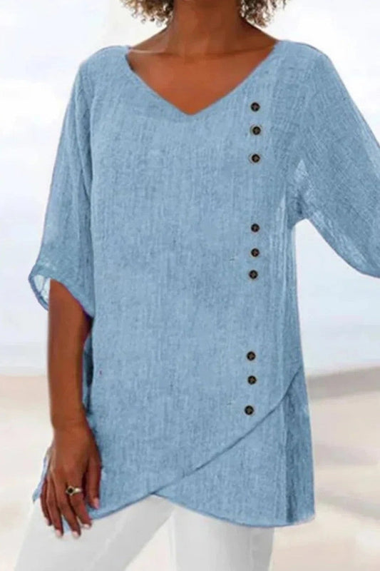 Damen Bluse – Lockerer Schnitt – V-Ausschnitt – Halbarm – Asymmetrische Knopfleiste