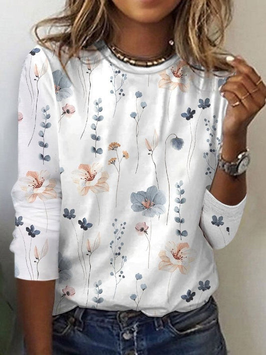 Damen Bluse – Florales Muster – Lockere Passform – Rundhals – Lange Ärmel – Atmungsaktives Gewebe