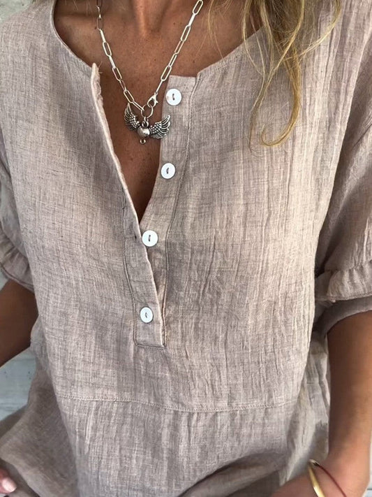 Damen Bluse – Lockerer Schnitt – Atmungsaktives Mischgewebe – Rundhals – Knopfleiste – Rüschenkragen – Kurze Ärmel
