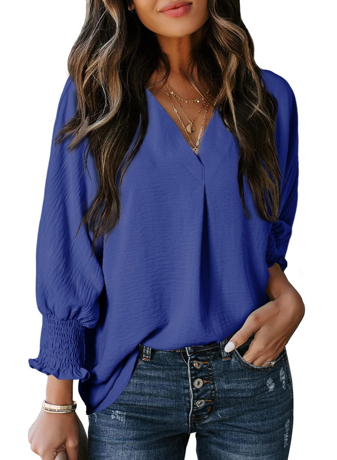 Damen T-Shirt – V-Ausschnitt – 3/4 Ärmel – Locker geschnitten – Weicher Strick – Alltag