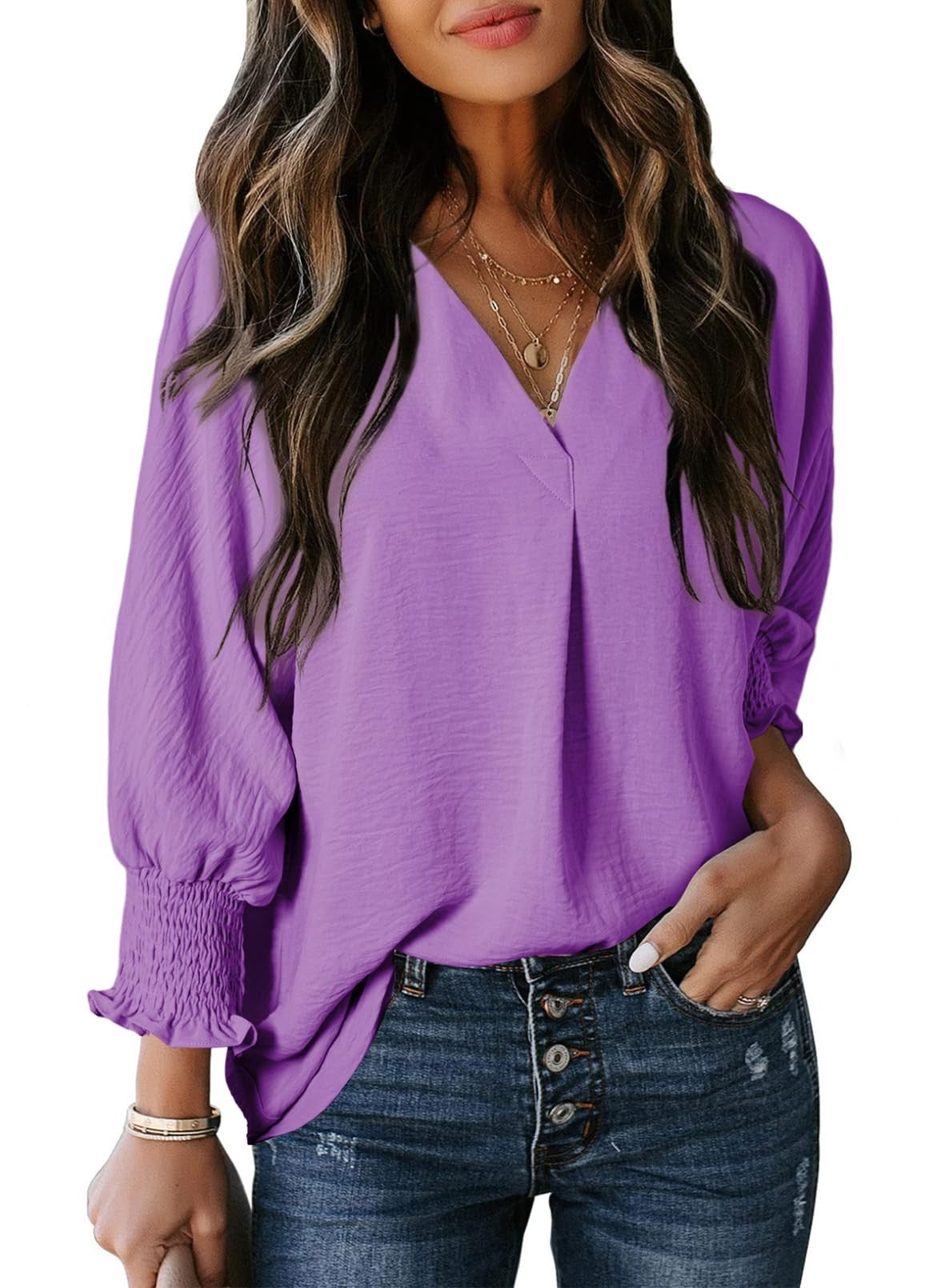 Damen T-Shirt – V-Ausschnitt – 3/4 Ärmel – Locker geschnitten – Weicher Strick – Alltag