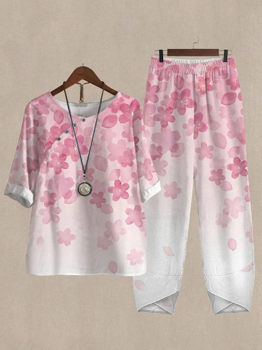 Damen Zweiteiler Set – Relaxed Fit – Natürliche Fasern – 3/4 Arm – Florales Muster