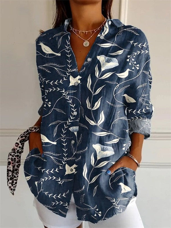 Damen Shirt – Lockere Passform – Kurzarm – Florales Muster – Natürliche Fasern