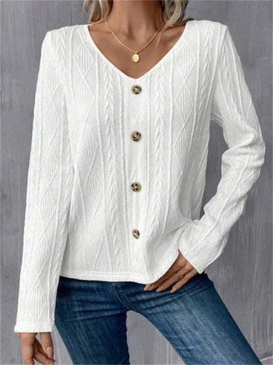 Damen Langarmshirt – V-Ausschnitt – Regular Fit – Soft Knit – Knopfdetail