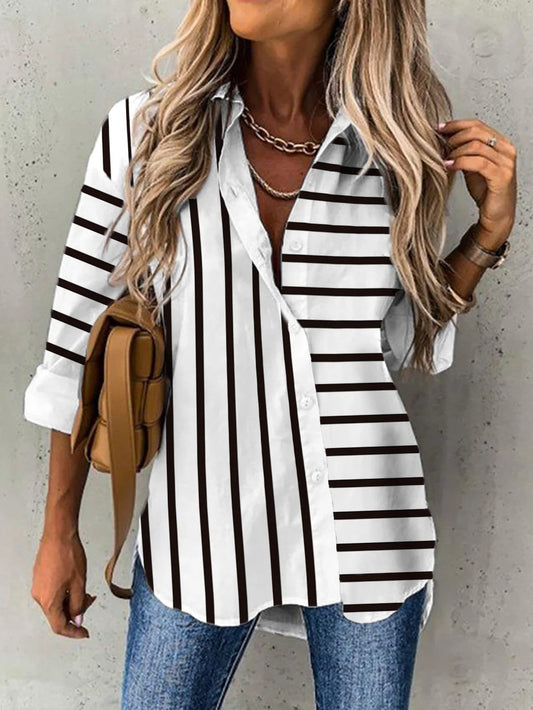 Damen Bluse – Relaxed Fit – Atmungsaktive Mischung – Streifen – Hemdkragen – Langarm