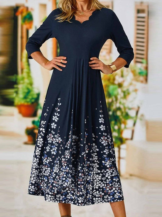 Damen Midikleid – A-Linien Schnitt – 3/4 Ärmel – Florales Muster – Luftige Qualität