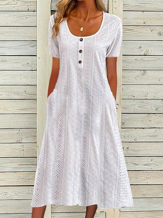 Damen Maxikleid – Lockerer Schnitt – Kurzarm – Eyelet Muster – Atmungsaktive Faser – Taschen
