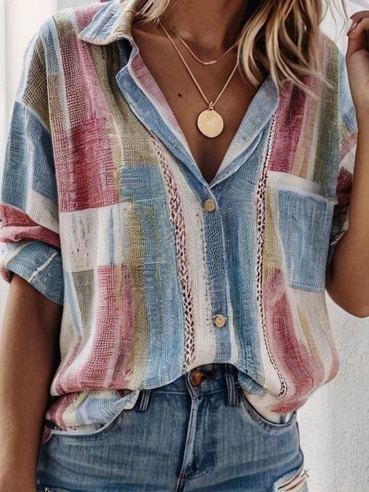 Damen Bluse – Relaxed Fit – Kurzarm – Knopfleiste – Patchwork – Atmungsaktive Struktur