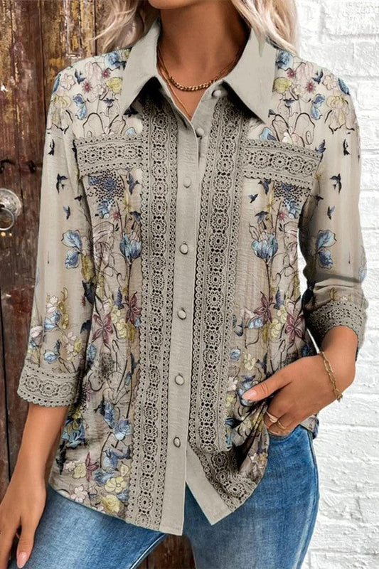 Damen Bluse – Lockere Passform – Florales Muster – 3/4 Ärmel – Atmungsaktives Gewebe