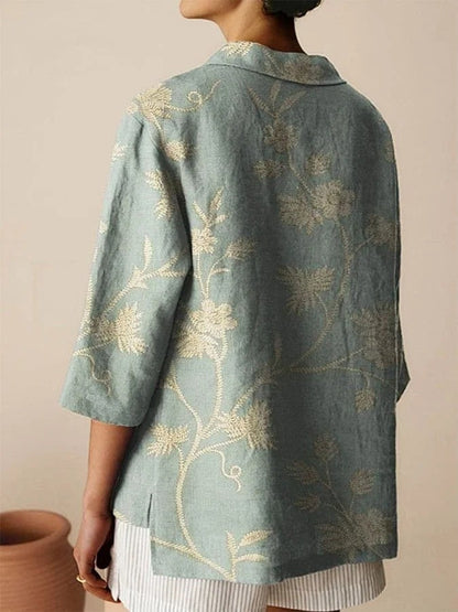 Damen Bluse – Lockere Passform – Atmungsaktive Fasermischung – Stickerei – 3/4 Ärmel – Reverskragen