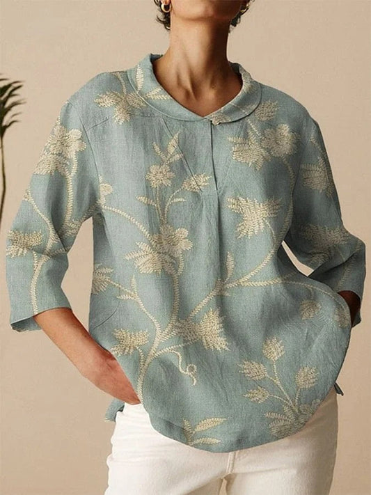 Damen Bluse – Lockere Passform – Atmungsaktive Fasermischung – Stickerei – 3/4 Ärmel – Reverskragen
