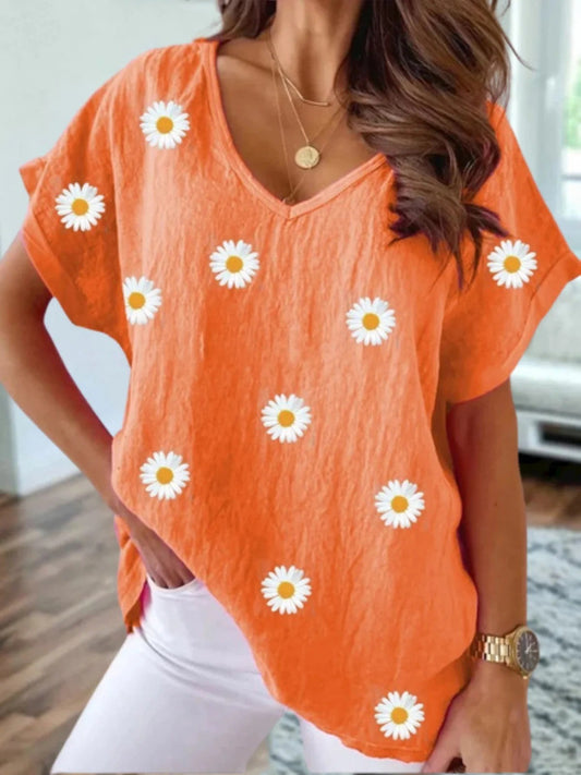 Damen T-Shirt – Lockerer Schnitt – V-Ausschnitt – Kurzarm – Blumendruck Bequemtop