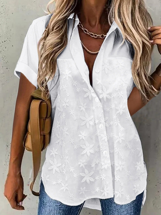 Damen Bluse – Lockerer Schnitt – Kurzarm – Spitze – Knopfleiste – Atmungsaktives Gewebe