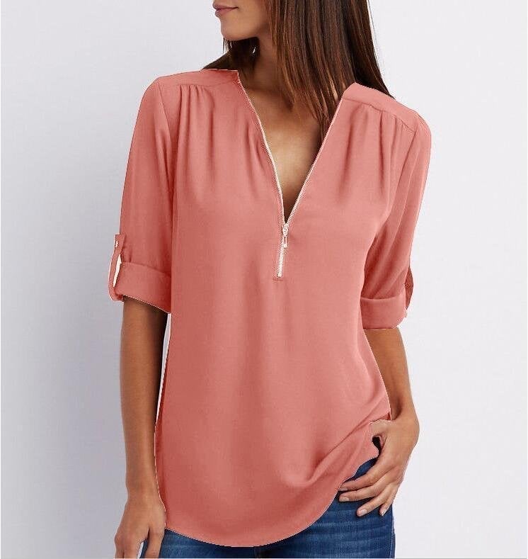 Damen Bluse – Lockerer Schnitt – Atmungsaktives Material – Half-Zip – 3/4 Ärmel